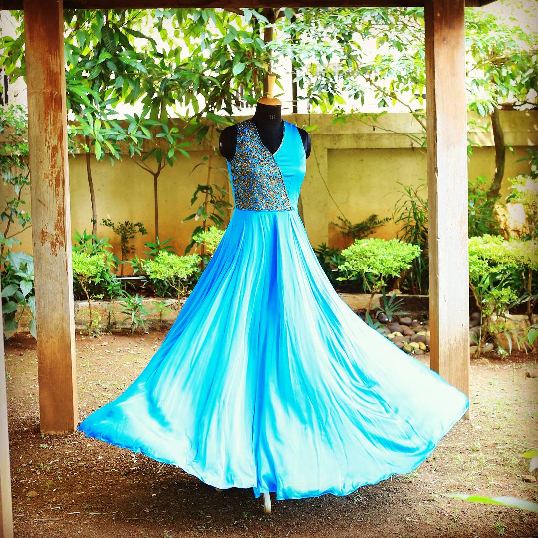 Aqua blue Womens Anarkali dress with embroidered bodice and full flared satin skirt