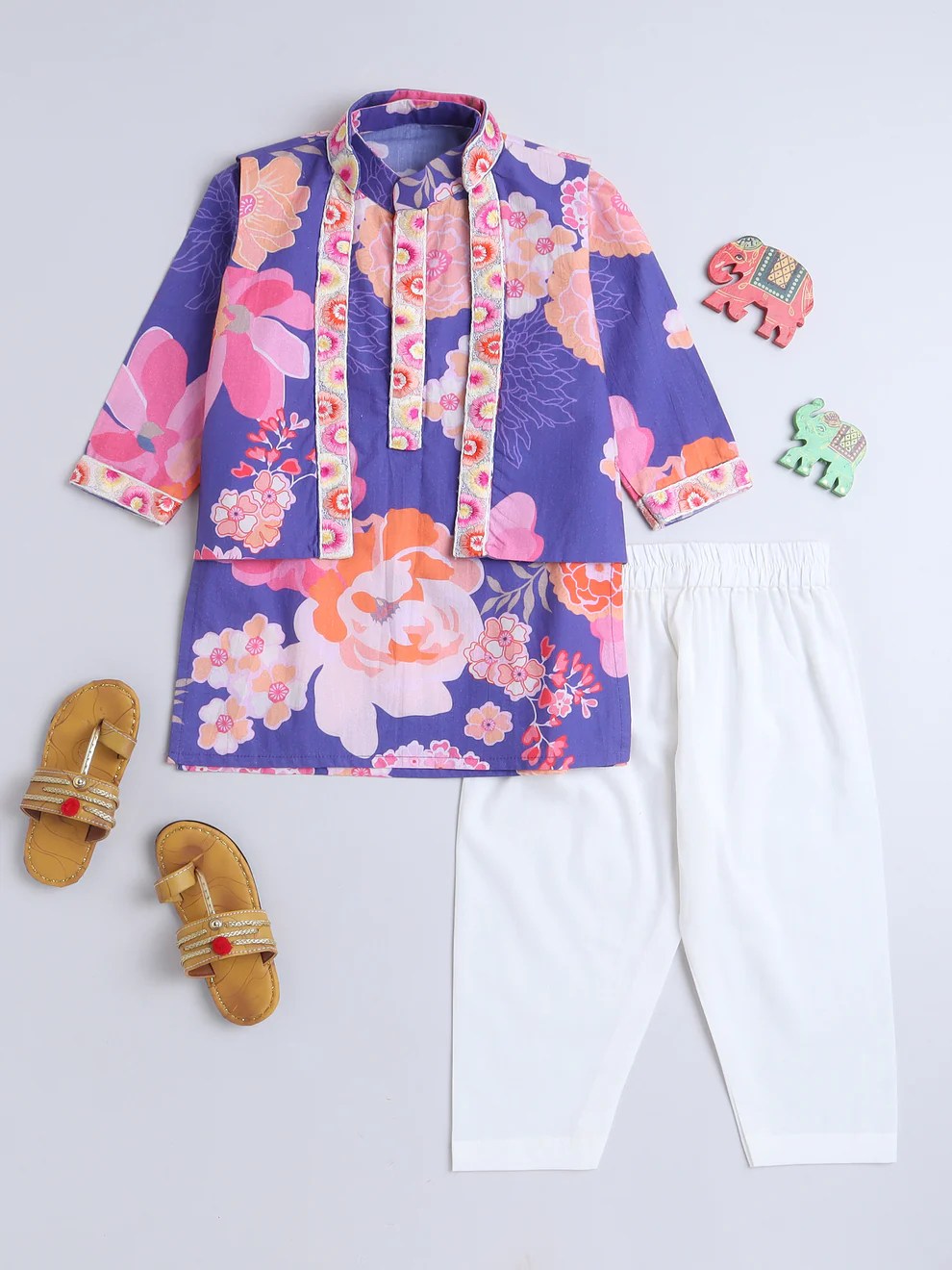 Floral Kurta Pajama Jacket Set For Boys